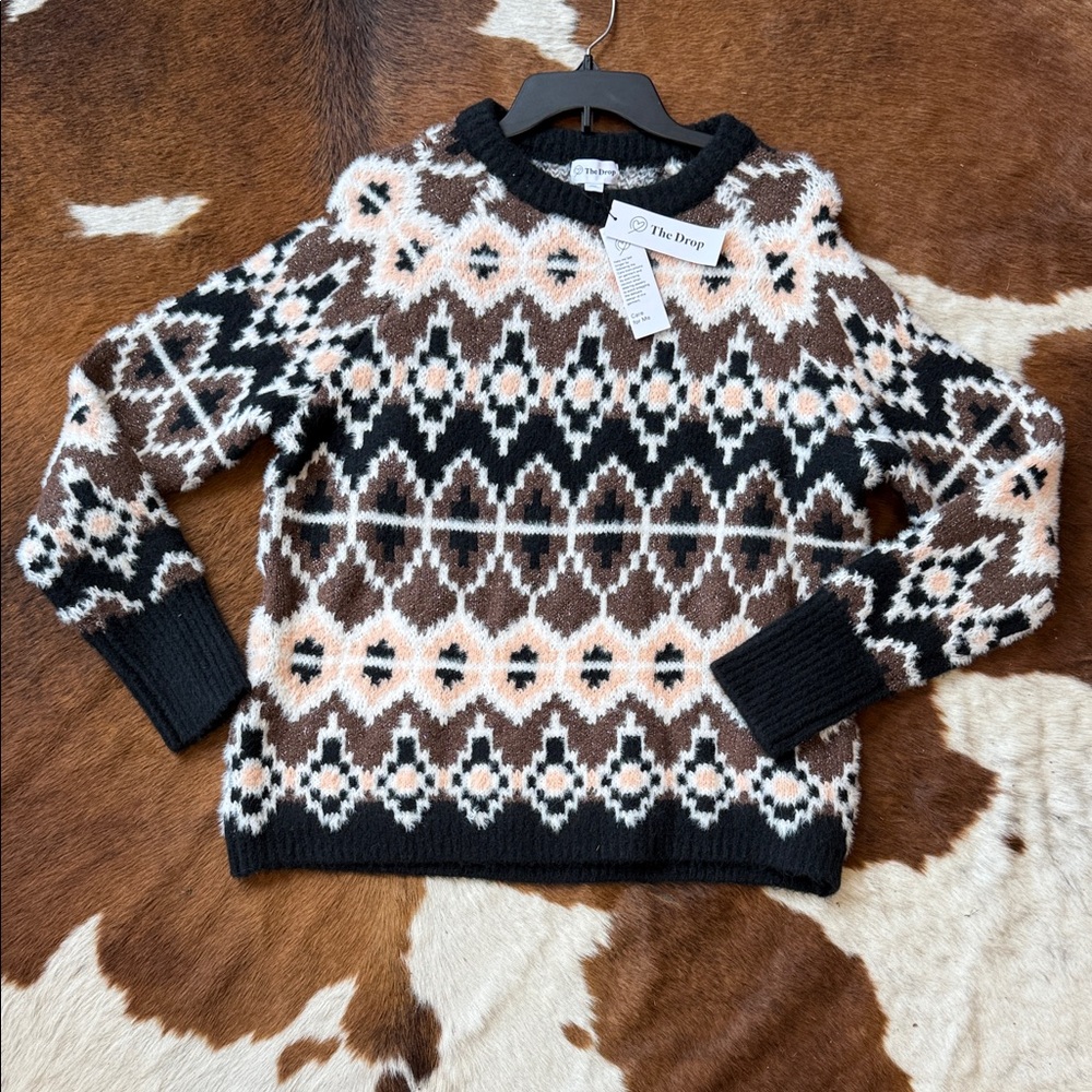The Drop Women's Black and Brown Patterned Crewneck Sweater